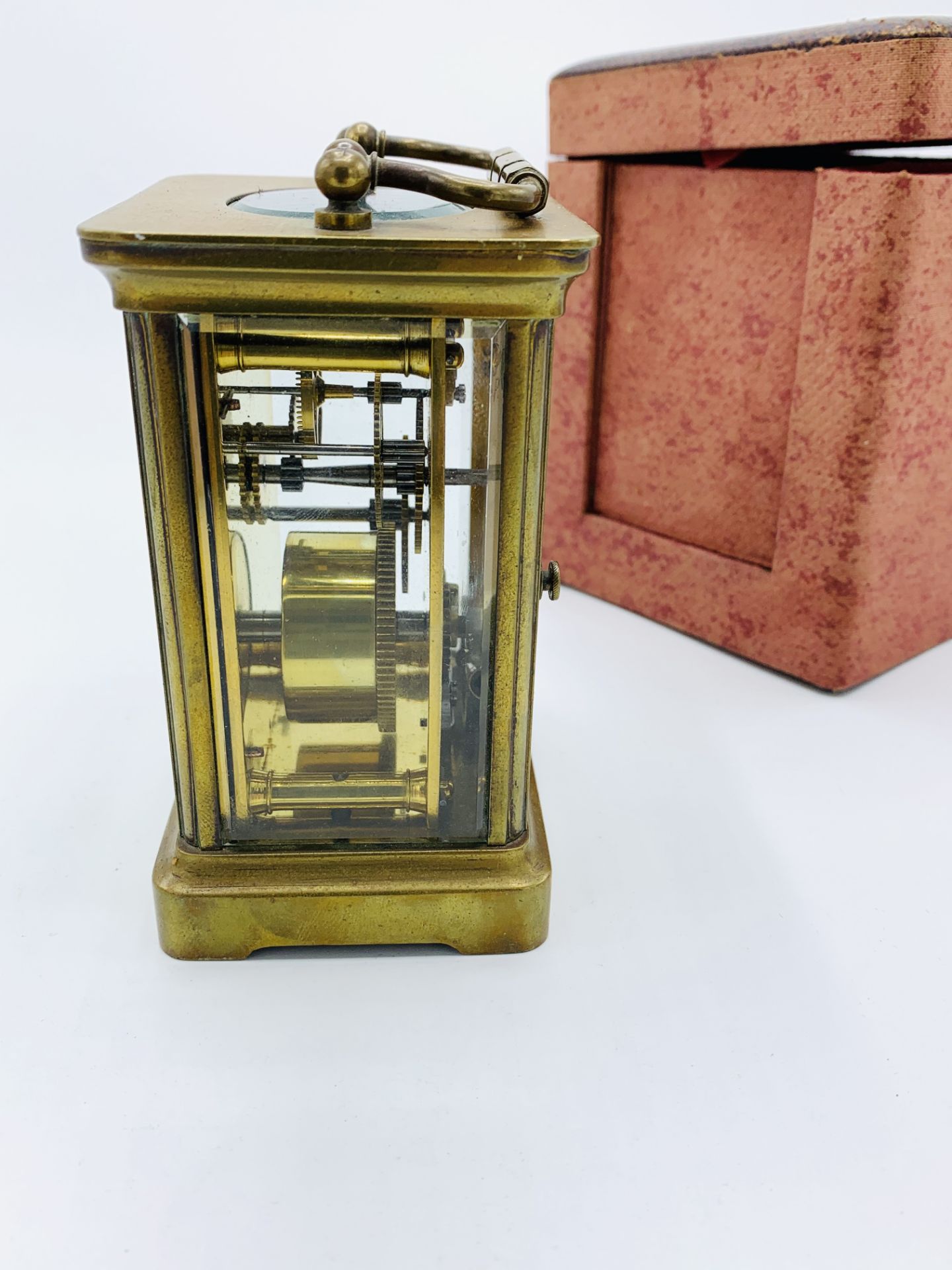 Brass case carriage clock marked ACCL, with original case, and key, going - Image 4 of 6