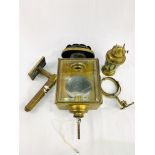 Large brass carriage lamp converted to electric, together with other brass ware