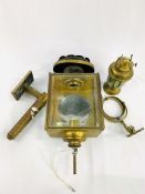 Large brass carriage lamp converted to electric, together with other brass ware