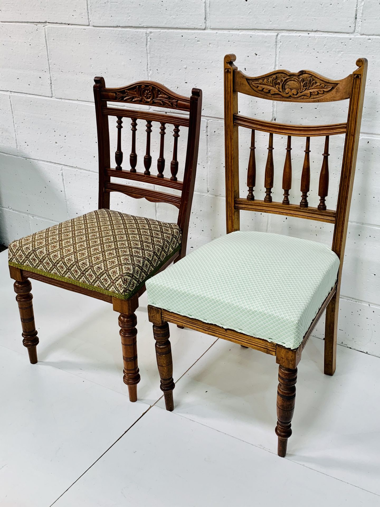 Two mahogany framed Edwardian rail back chairs with upholstered seats. - Image 3 of 3