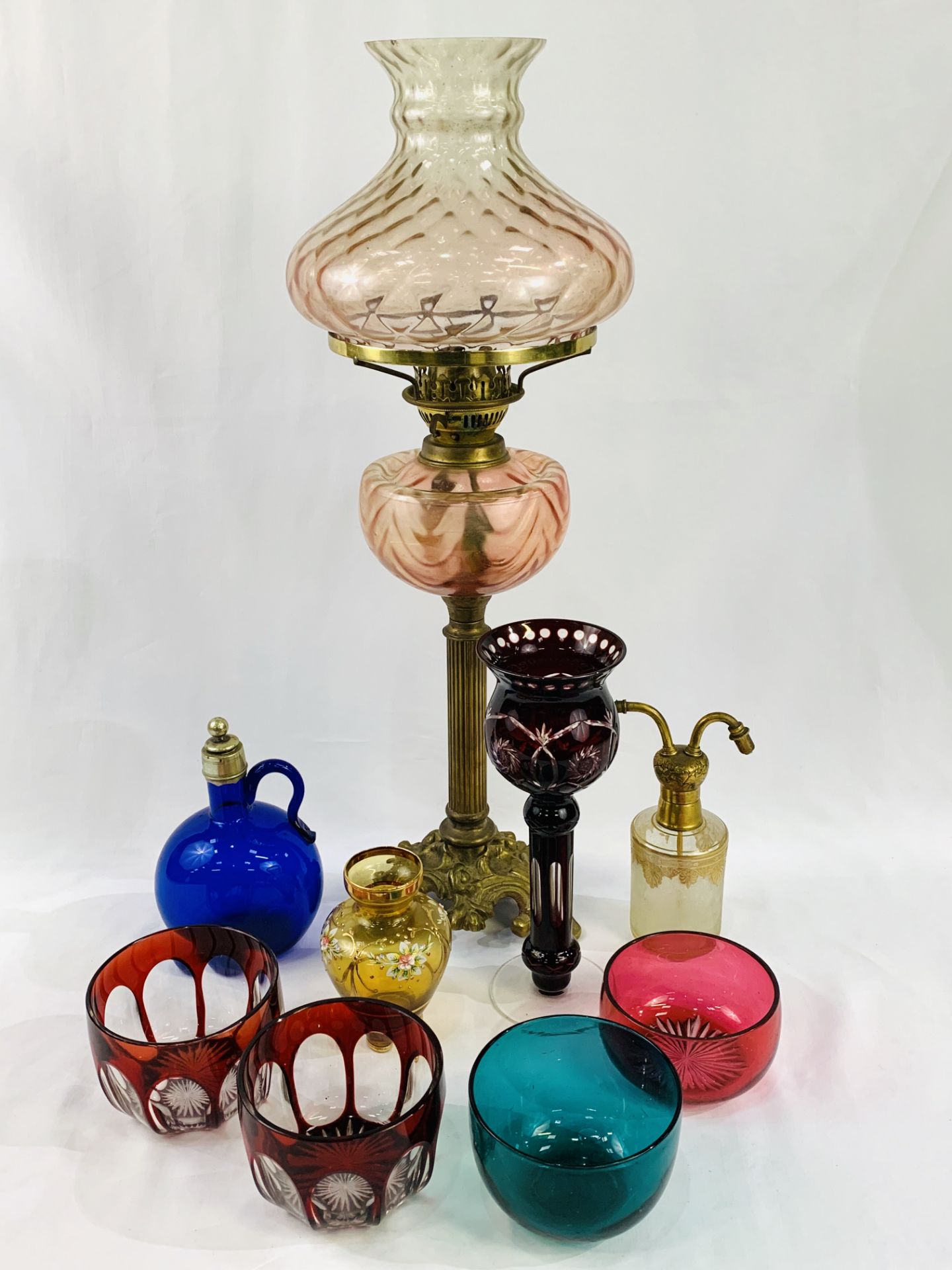 Brass oil lamp with pale pink shade; pair of ruby cut bowls and a glass; and other glass ware - Image 4 of 4