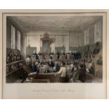 Four framed and glazed Court related prints; together with two pencil portraits of a judge