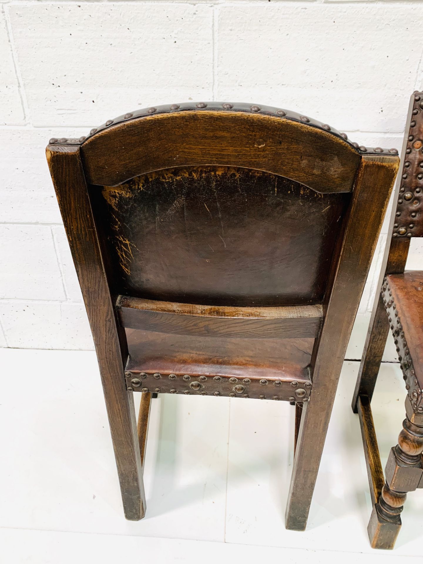 Two studded leather and oak hall chairs. - Image 4 of 4