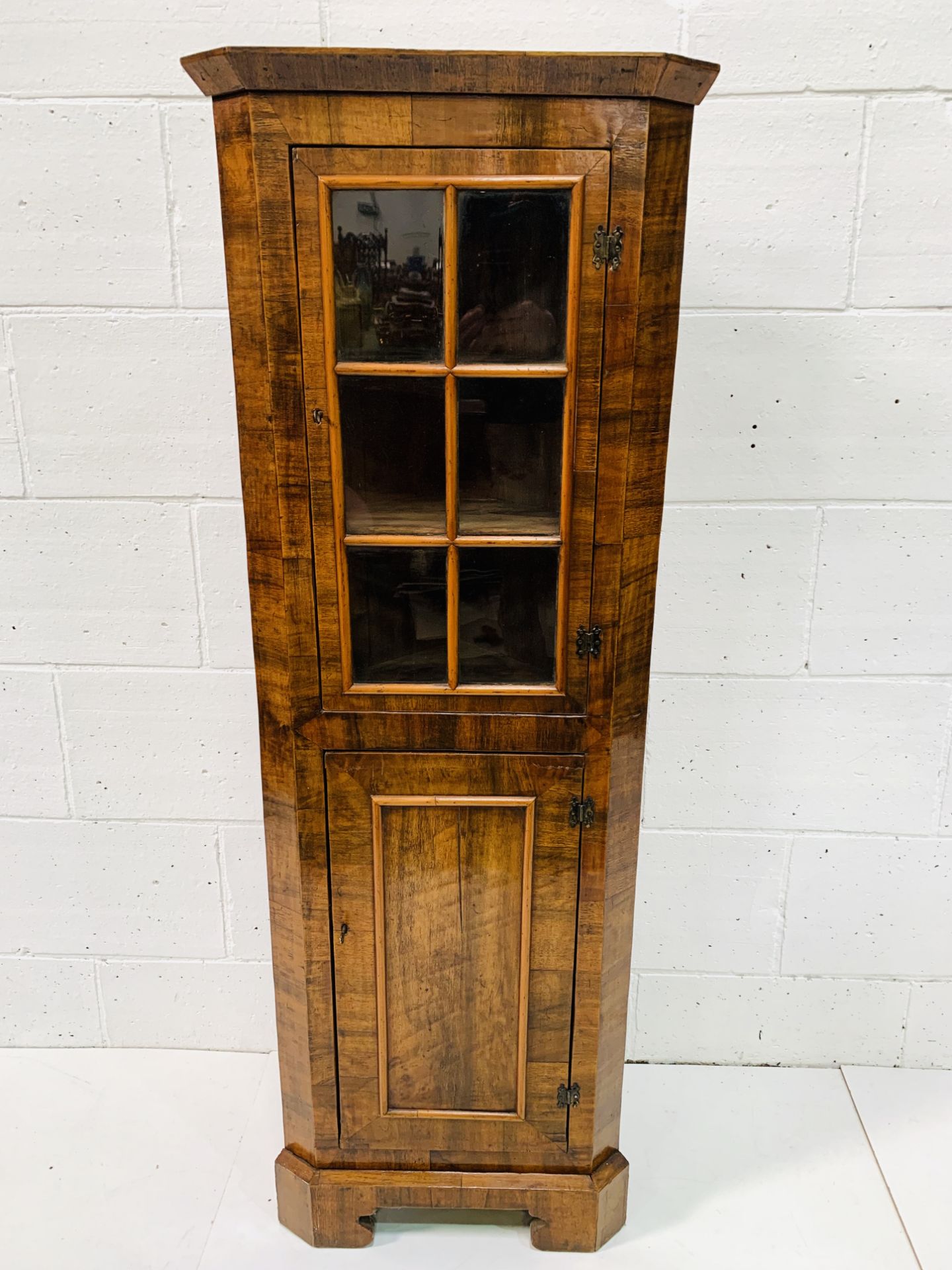 Walnut corner cabinet with glazed cupboard top and shape fronted shelves above cupboard.