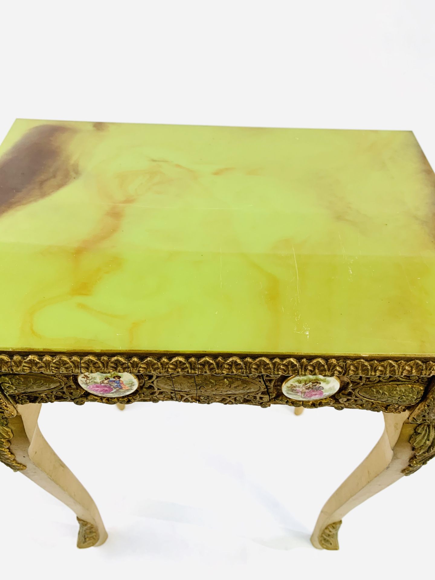Reproduction French Baroque gilt wood & faux marble wine table, with several Limoges style plaques. - Image 3 of 5
