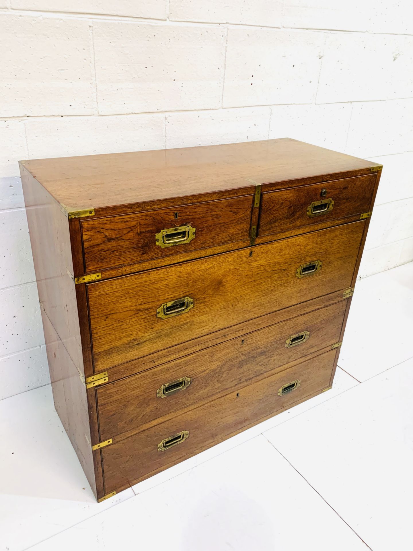 19th Century brass bound oak "Campaign" chest of two over three drawers, divides in the middle. - Image 2 of 5