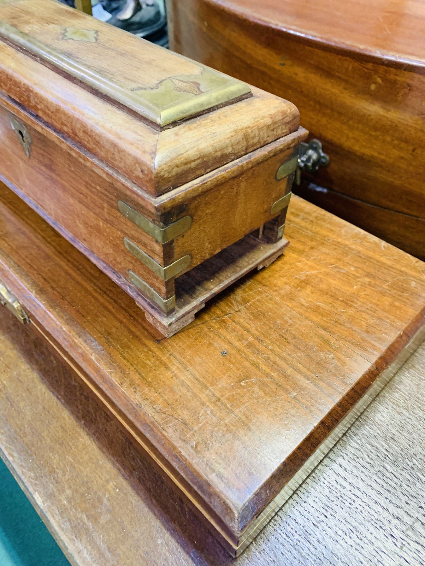 Mahogany side hinging box with brass handle and partially fitted interior, together with other boxes - Image 4 of 5