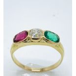 Gold, emerald, ruby and diamond ring. Size M. Wt 2.7gms.