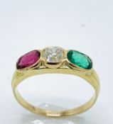 Gold, emerald, ruby and diamond ring. Size M. Wt 2.7gms.