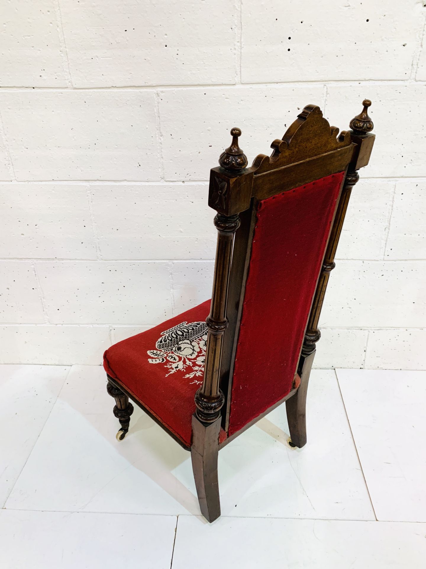 Carved mahogany framed high back hall chair with bead embroidered seat and back on ceramic casters. - Image 4 of 4