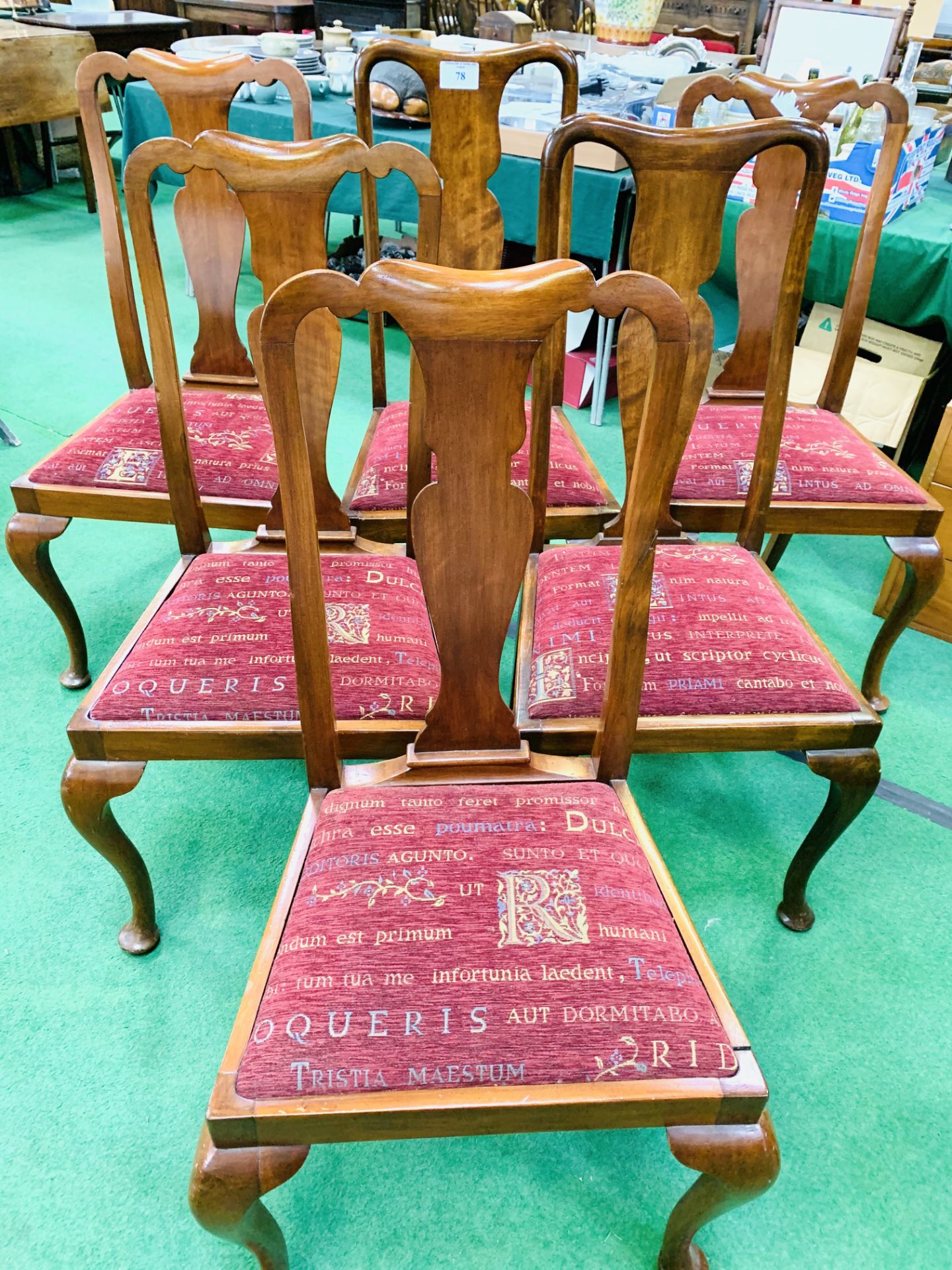 Six mahogany framed drop in seat dining chairs with splat backs