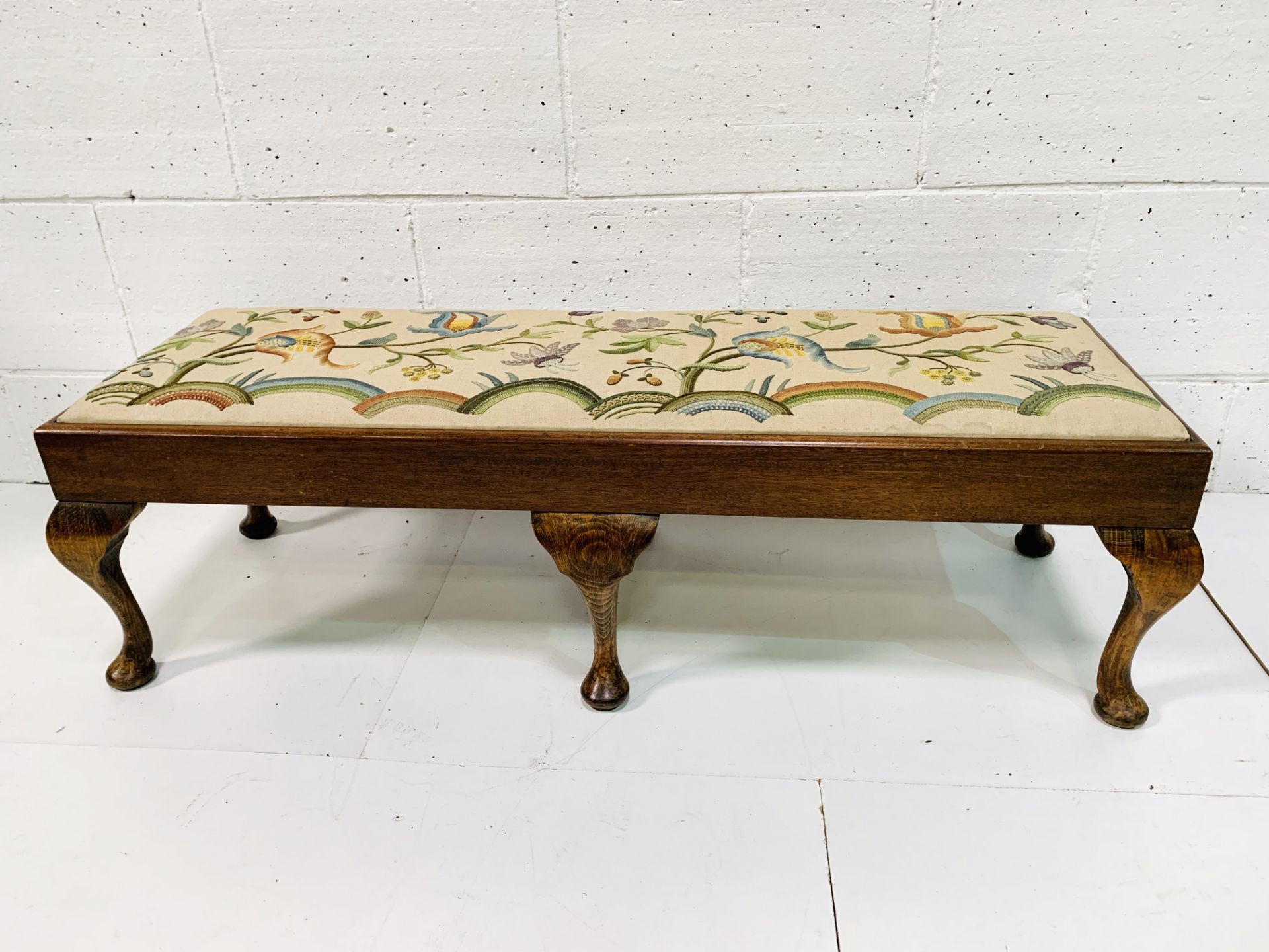 Oak framed long stool with tapestry seat depicting flowers. - Image 2 of 4