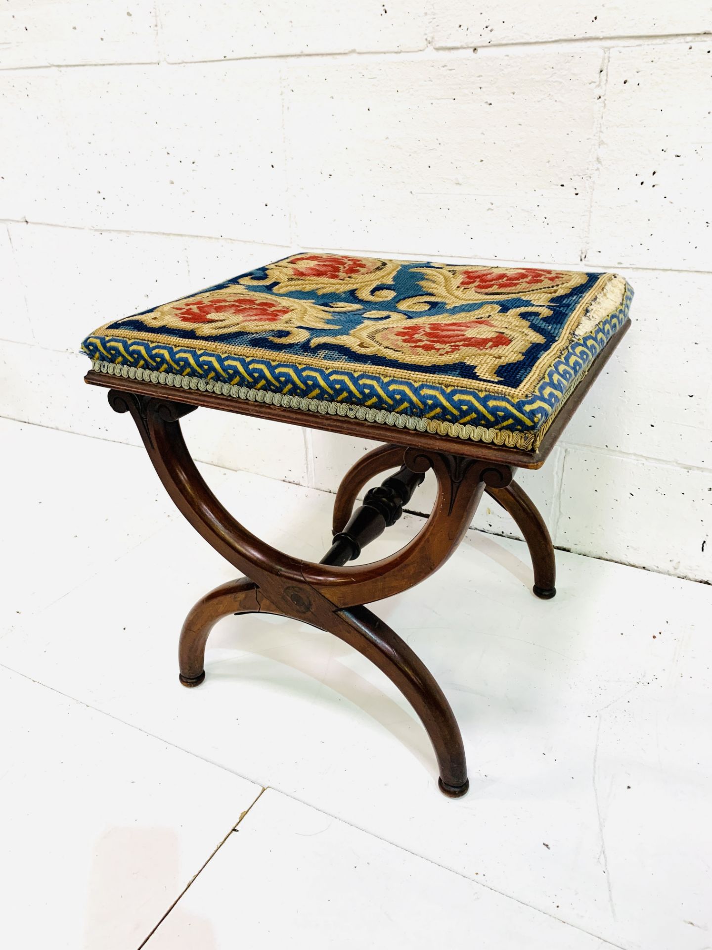 Mahogany X frame stool with tapestry seat - Image 3 of 3