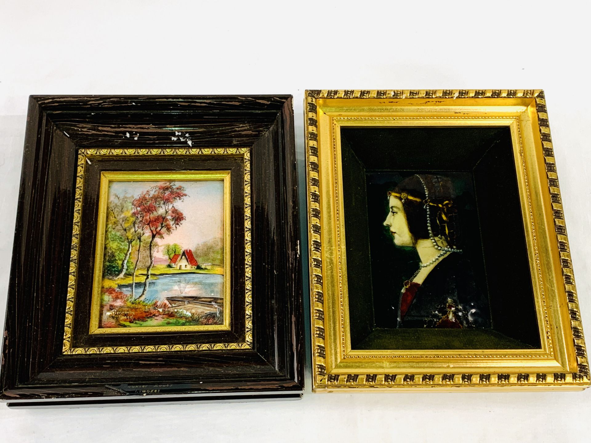2 framed enamel placques: one signed Rouzier Rouby; the other after Giovanni Ambrogio Predis