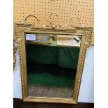 Victorian ‘T' frame & ribbon top mirror with bevelled glass, 72 x 52 cm, painted gold.