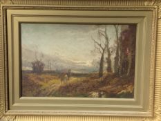 Gilt framed oil on board figures in a landscape, handwritten on reverse. "Attributed to William Mann