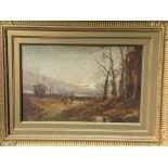 Gilt framed oil on board figures in a landscape, handwritten on reverse. "Attributed to William Mann