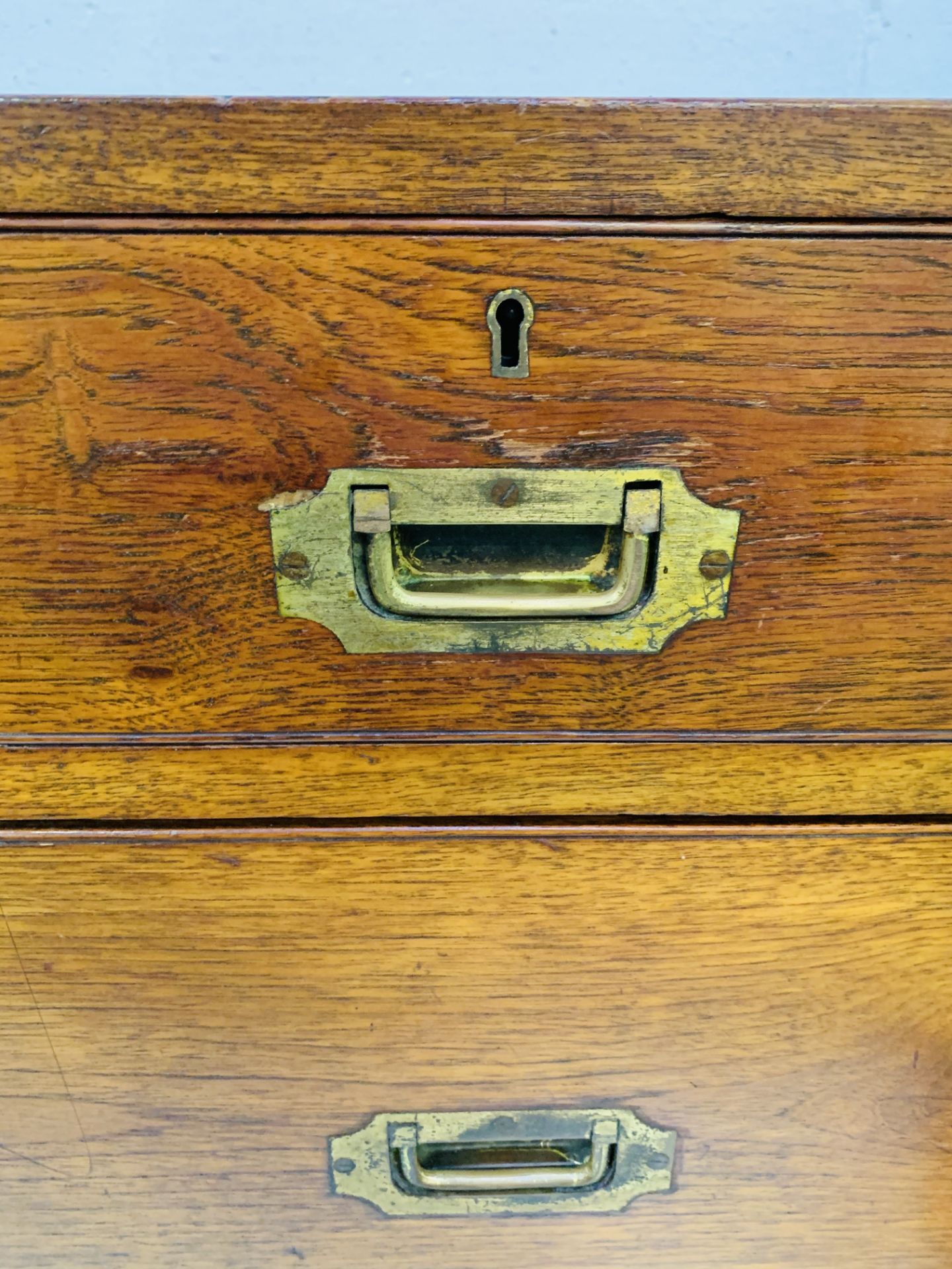 19th Century brass bound oak "Campaign" chest of two over three drawers, divides in the middle. - Image 5 of 5