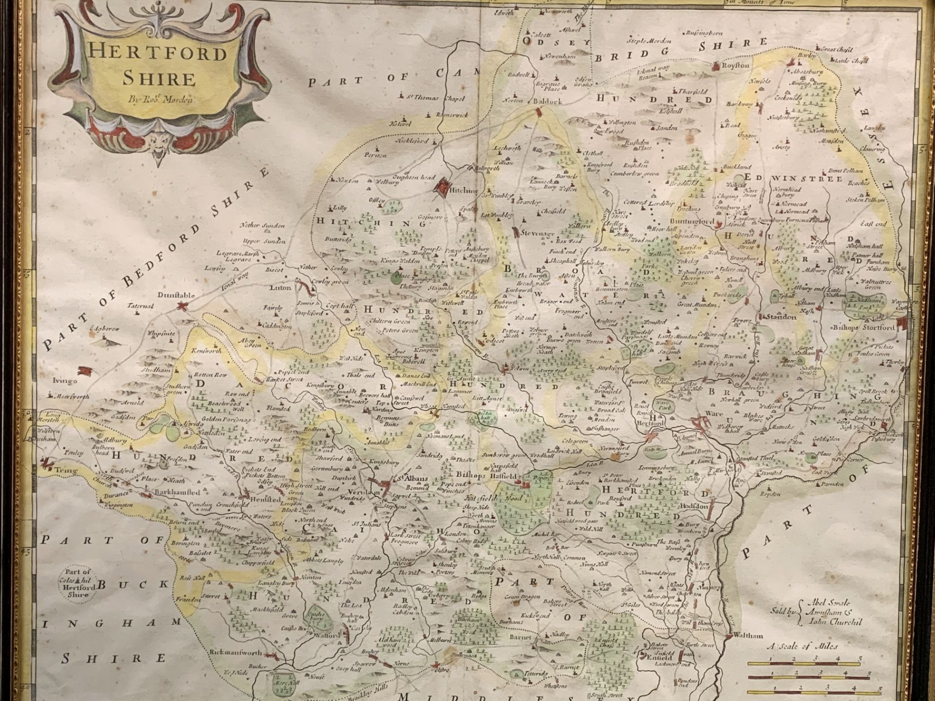 Framed and glazed engraved hand coloured map of Hertfordshire by Robert Morden. - Image 2 of 2