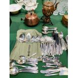 Copper kettle and spirit burner, silver plate tureen, and a large quantity of flatware.