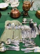 Copper kettle and spirit burner, silver plate tureen, and a large quantity of flatware.