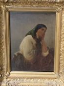 A pair of gilt framed oil on board portraits of a dark haired woman, unsigned.