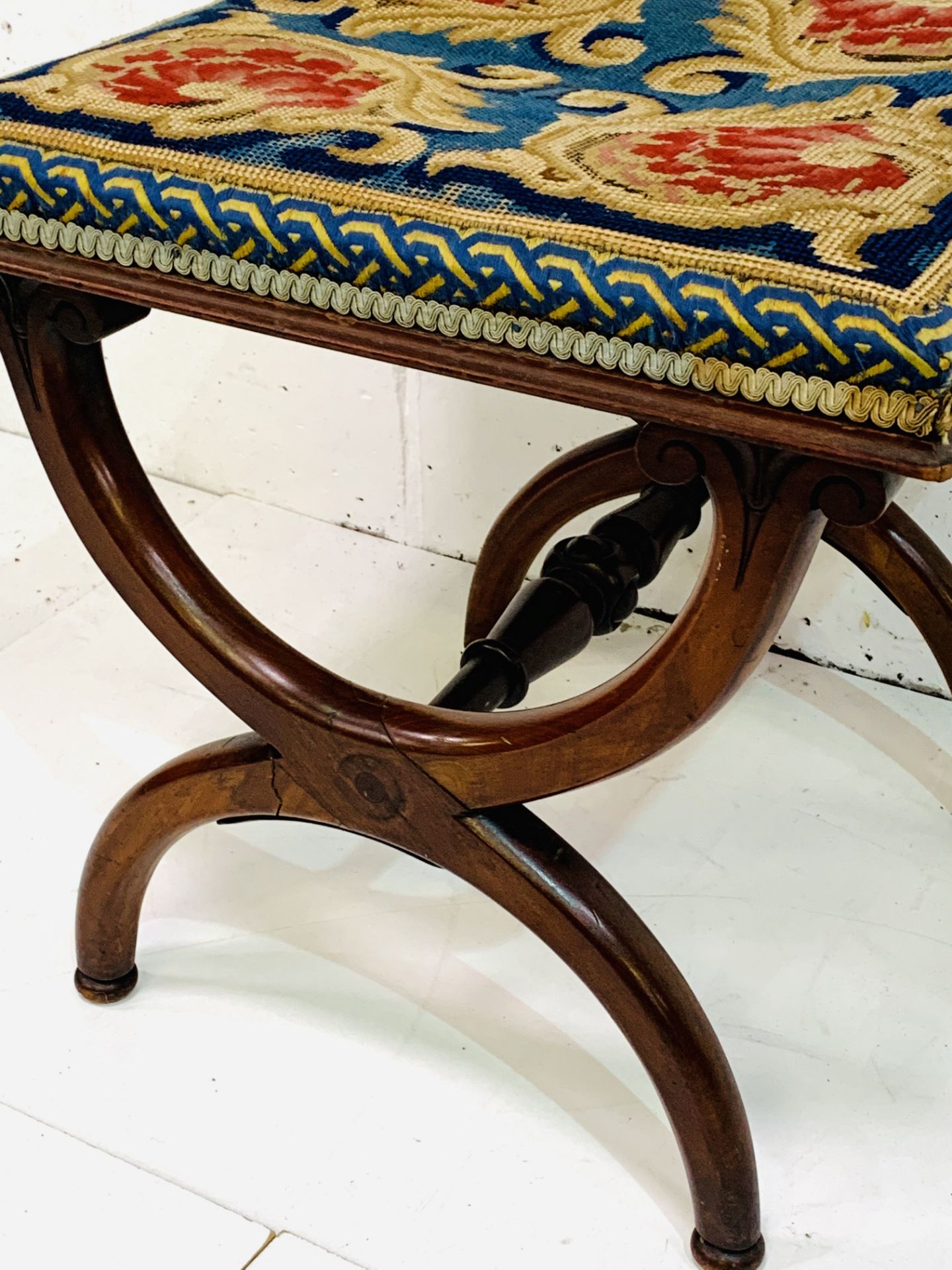 Mahogany X frame stool with tapestry seat - Image 2 of 3