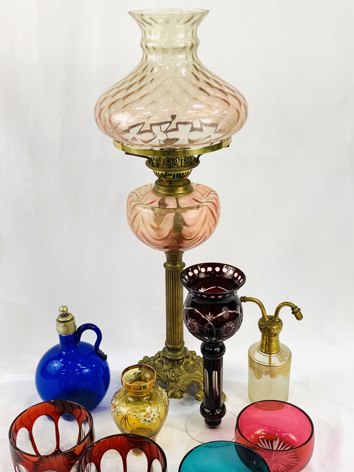 Brass oil lamp with pale pink shade; pair of ruby cut bowls and a glass; and other glass ware - Image 3 of 4