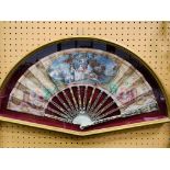 18th Century hand painted paper fan on gilded decoated bone frame, in display case.