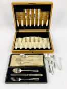 Case of 8 mother of pearl handled and silver dessert knives and forks; silver cutlery and a trio