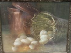 Framed and glazed pastel still life of duck eggs signed H Curot-Barberel