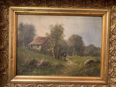 19th Century oil on canvas landscape with farmhouse scene, 31 x 23cms. Signed