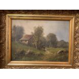 19th Century oil on canvas landscape with farmhouse scene, 31 x 23cms. Signed