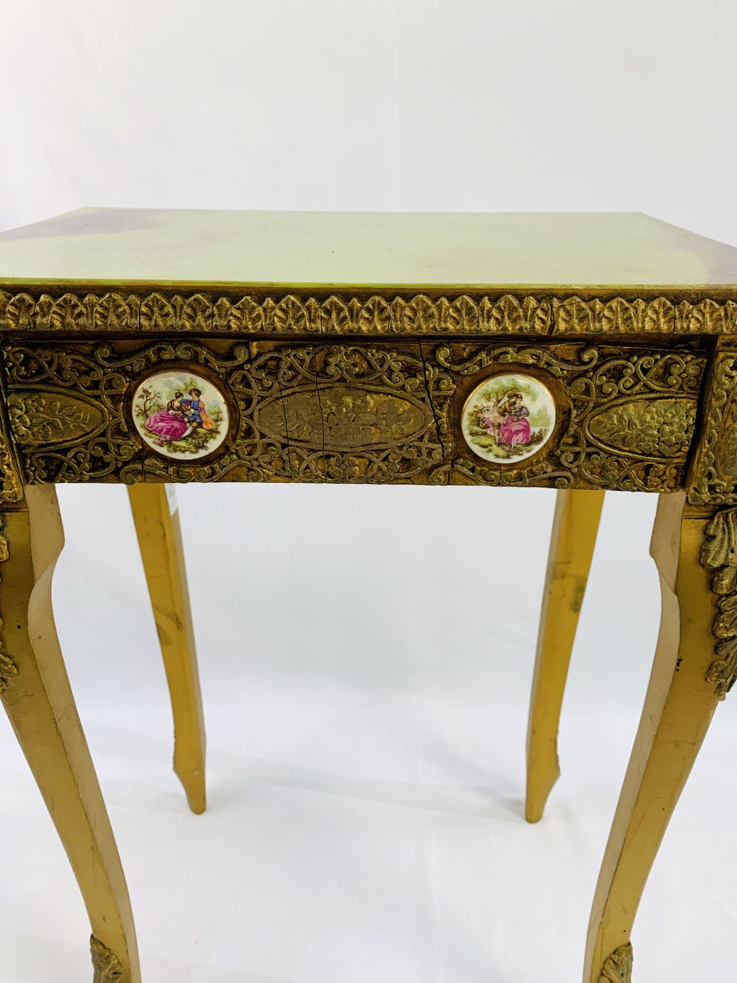 Reproduction French Baroque gilt wood & faux marble wine table, with several Limoges style plaques. - Image 5 of 5