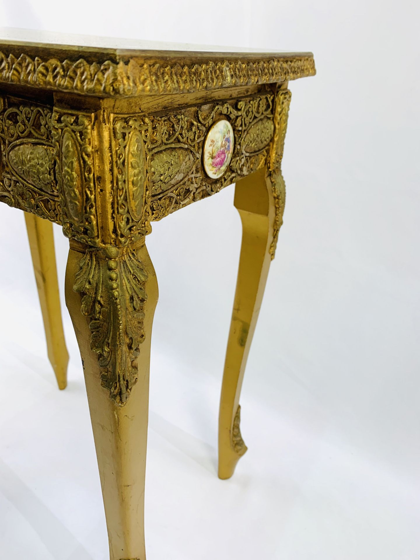 Reproduction French Baroque gilt wood & faux marble wine table, with several Limoges style plaques. - Image 2 of 5