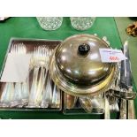 Quantity of silver plate flatware; silver plate entree dish.