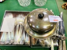 Quantity of silver plate flatware; silver plate entree dish.