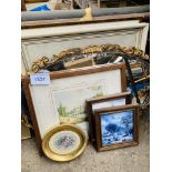 Small collection of framed pictures; two framed glazed tiles; and a bevelled edge mirror.