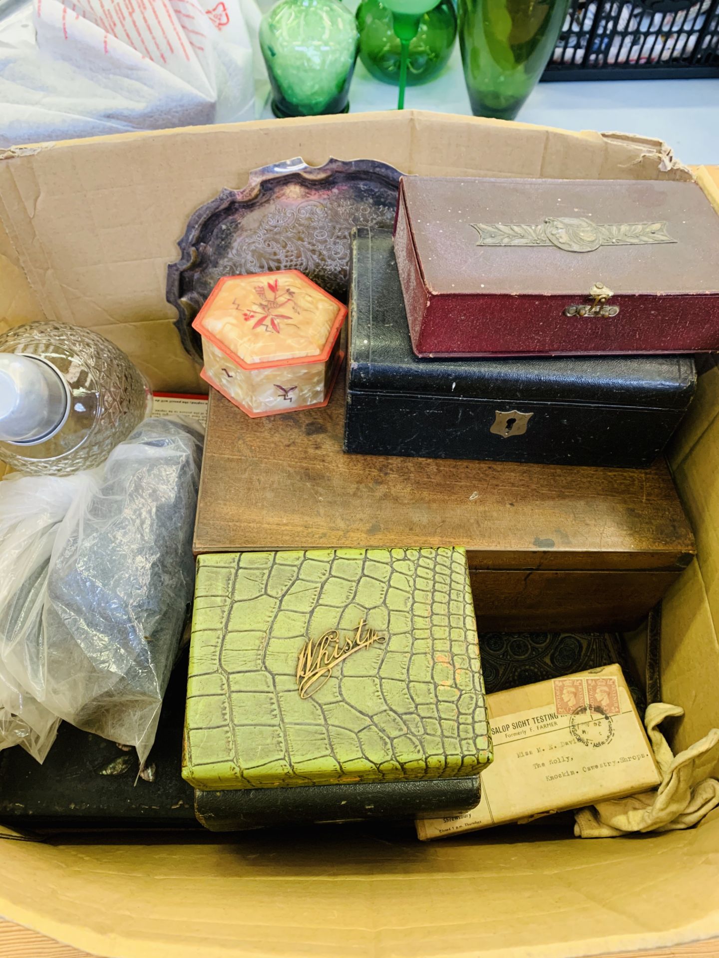 Box of playing cards with mother of pearl inlay counters; various boxes and other misc. items.