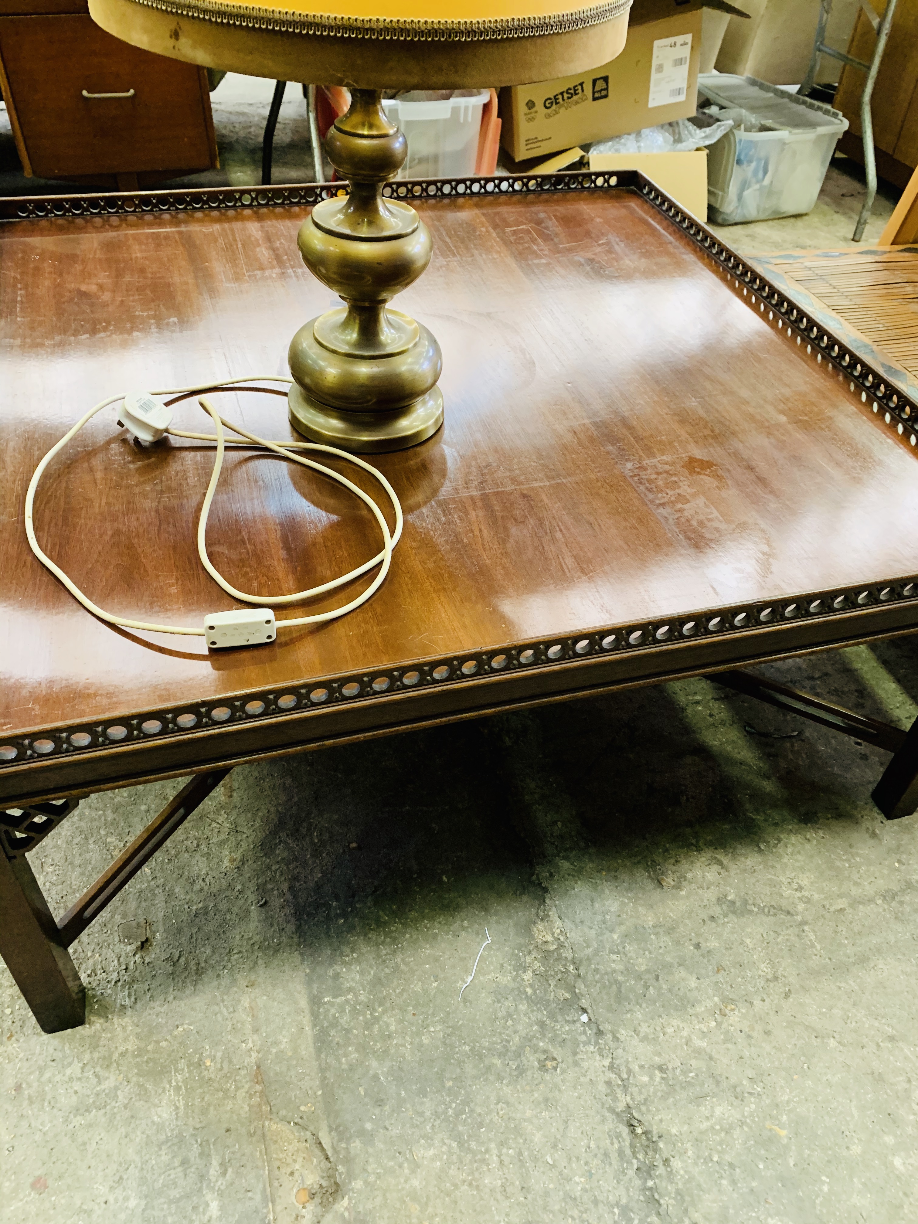 Large square mahogany coffee table with pierced upstand. - Image 3 of 3