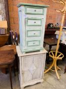Painted pine cupboard together with a painted pine cabinet.