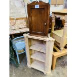 Pine three shelf corner unit, and an oak corner wall mounted cupboard.