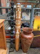 Two ethnic wooden carved sculptures, and a large ceramic vase