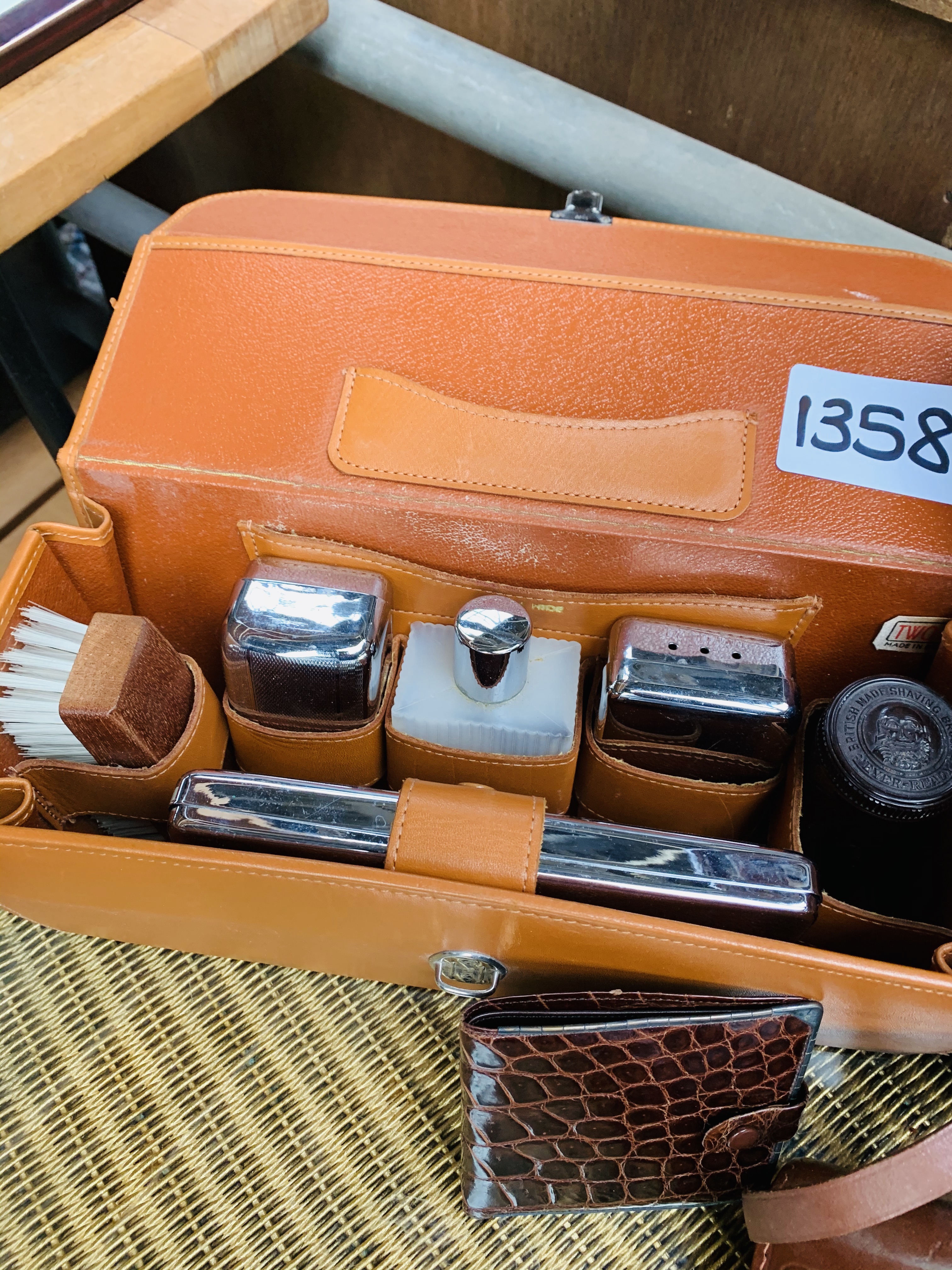 1950's handbag, crocodile skin wallet with silver trim, travelling toilet case and a Franka camera. - Image 3 of 4