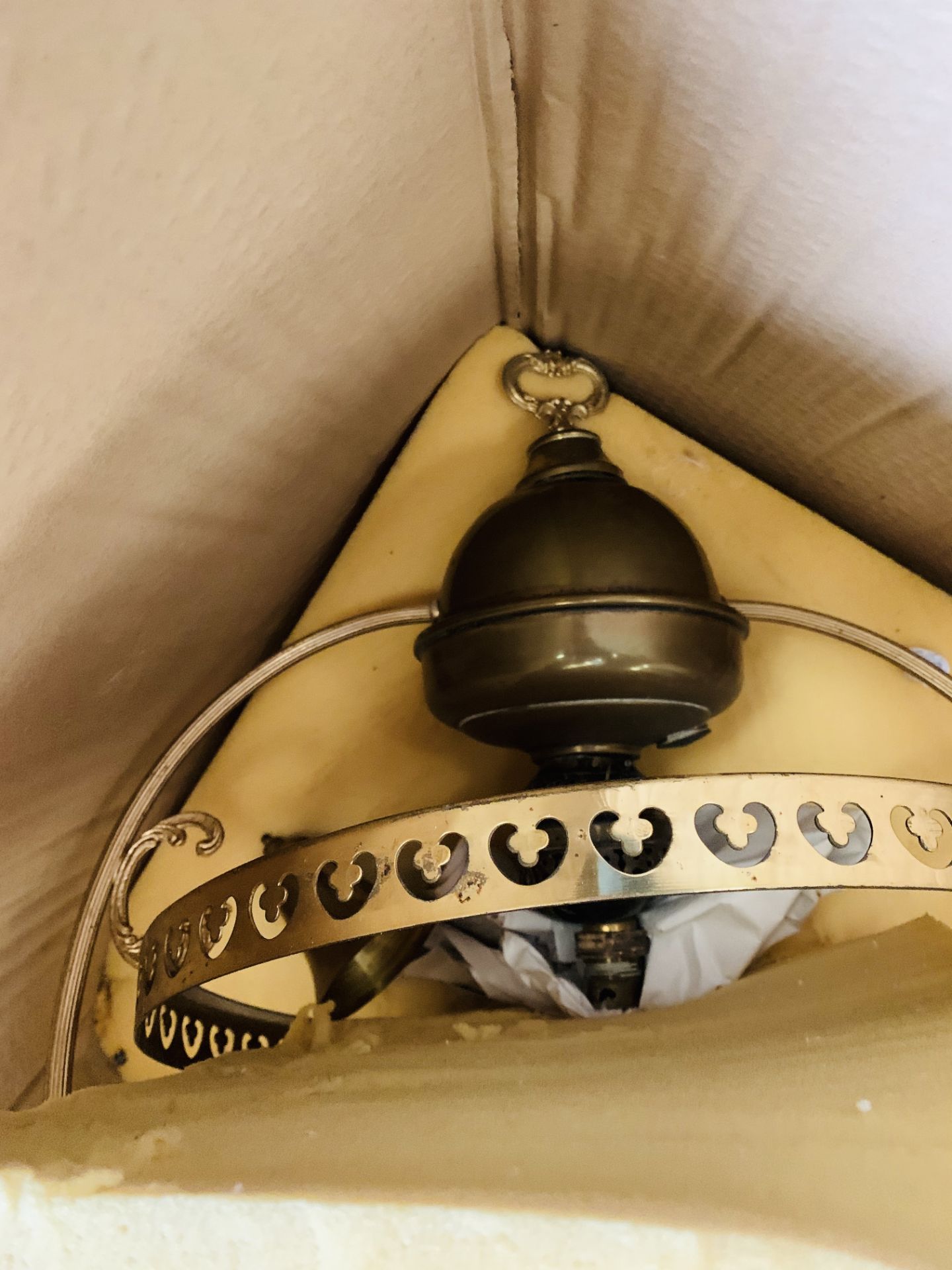 Large brass framed ceiling mounted oil lamp complete with glass shade. - Image 2 of 2