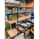 Hardwood shelving on a metal frame.