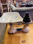 Set of F J Thornton and Co Ltd kitchen scales complete with weights.