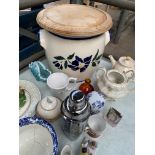 Large quantity of chinaware, glassware and a large ceramic bread bin.