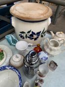 Large quantity of chinaware, glassware and a large ceramic bread bin.