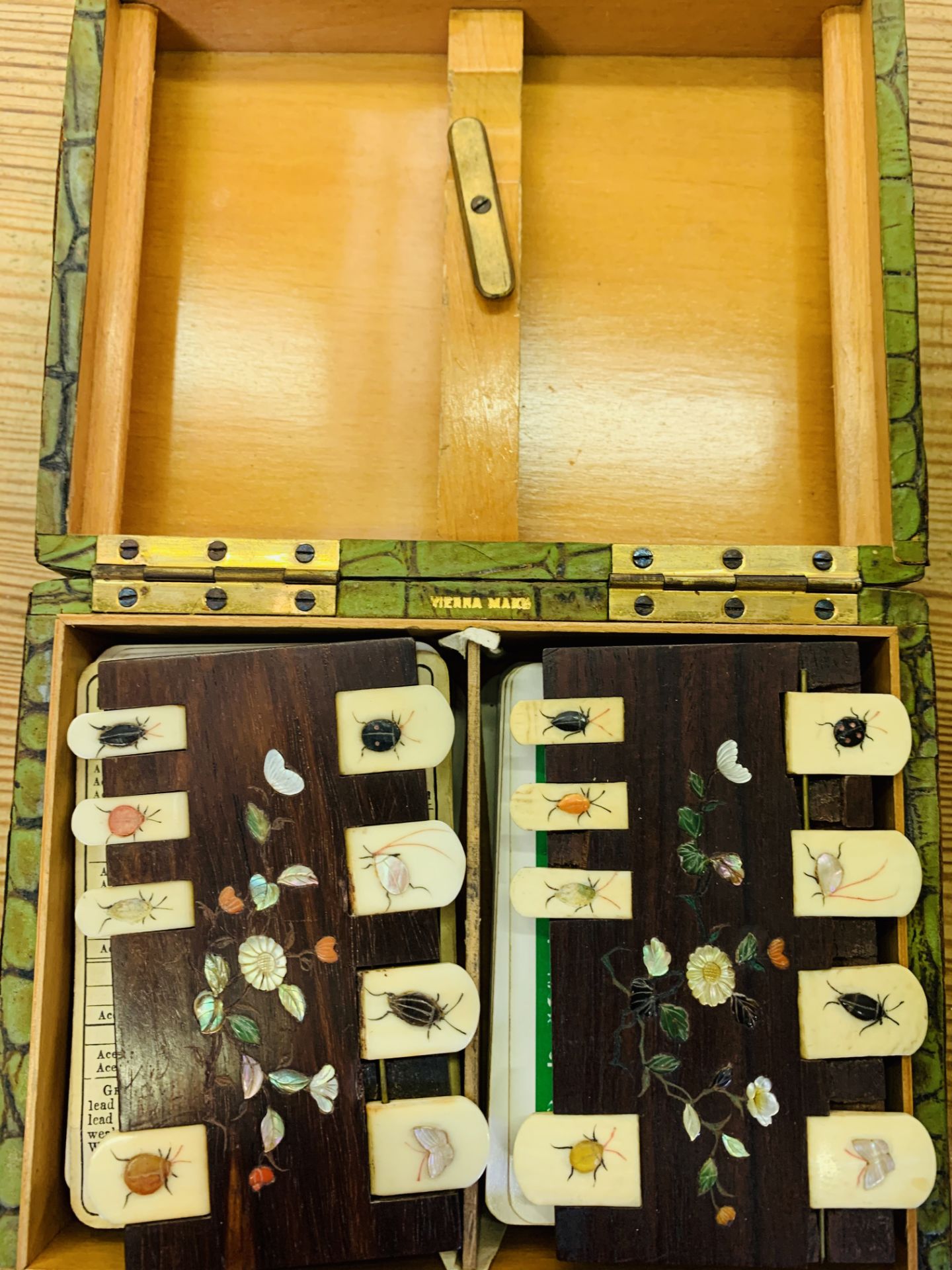 Box of playing cards with mother of pearl inlay counters; various boxes and other misc. items. - Image 6 of 7